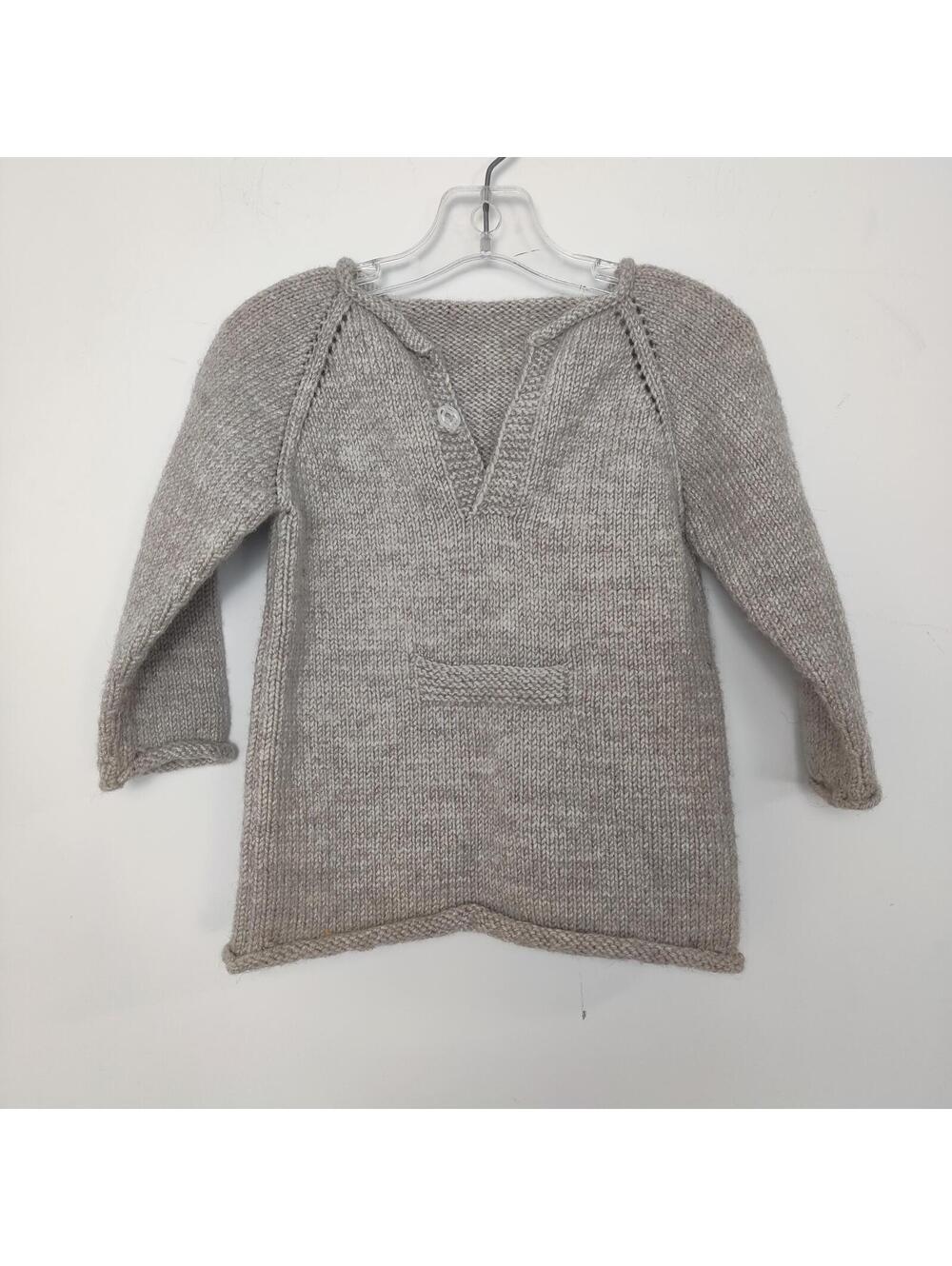 Hand Knit Gray Hooded Upcycled Sweater Kids Size 3 Pullover Hoodie Front Pocket